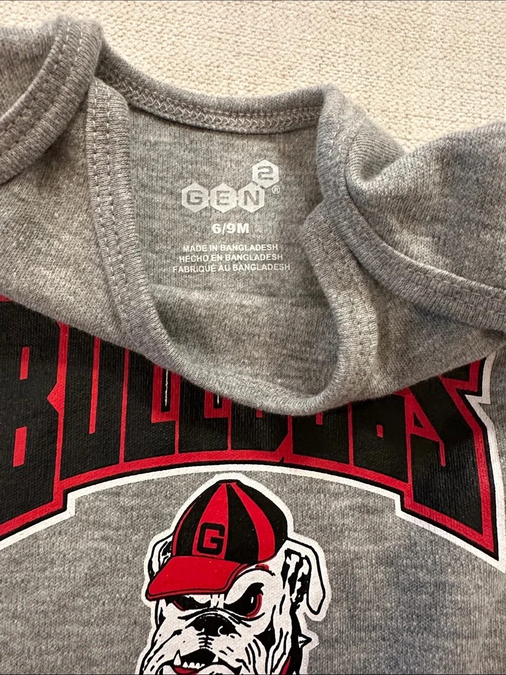 Georgia Bulldogs Grey Graphic Baby One-Piece Onesie Bodysuit with Bulldog Logo